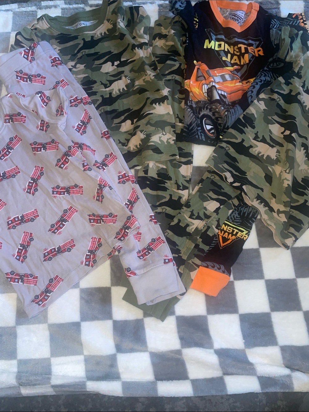 4 pajama sets short sleeve and long pants 
3 old navy 1 Monster Jam